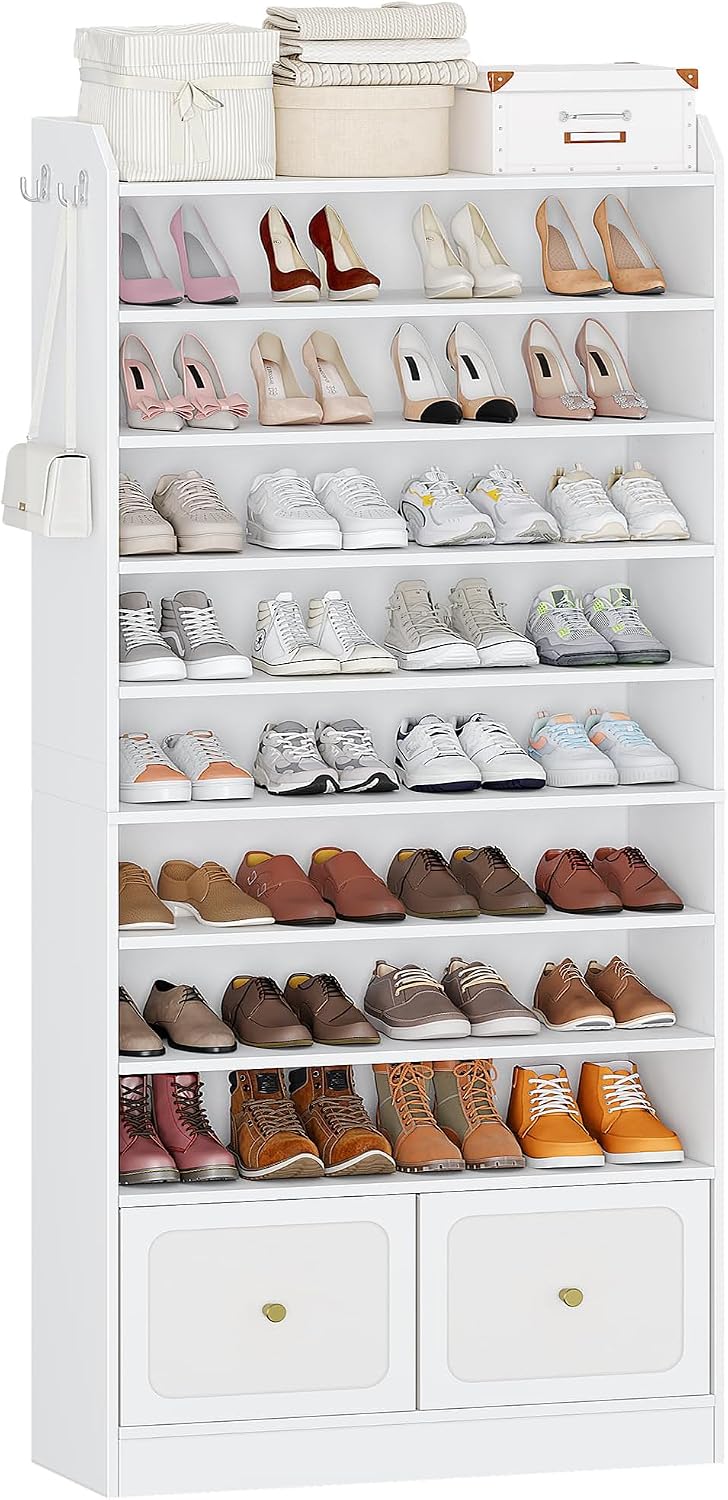 Hzuaneri Shoe Storage Cabinet, 10 Tiers Shoe Organizer with 2 Cloth Drawers | Wooden Freestanding Shoes Cabinet with 2 Hooks, 40-45 Pairs, Shoes Cubby Organizer for Entryway, White SR52903MI