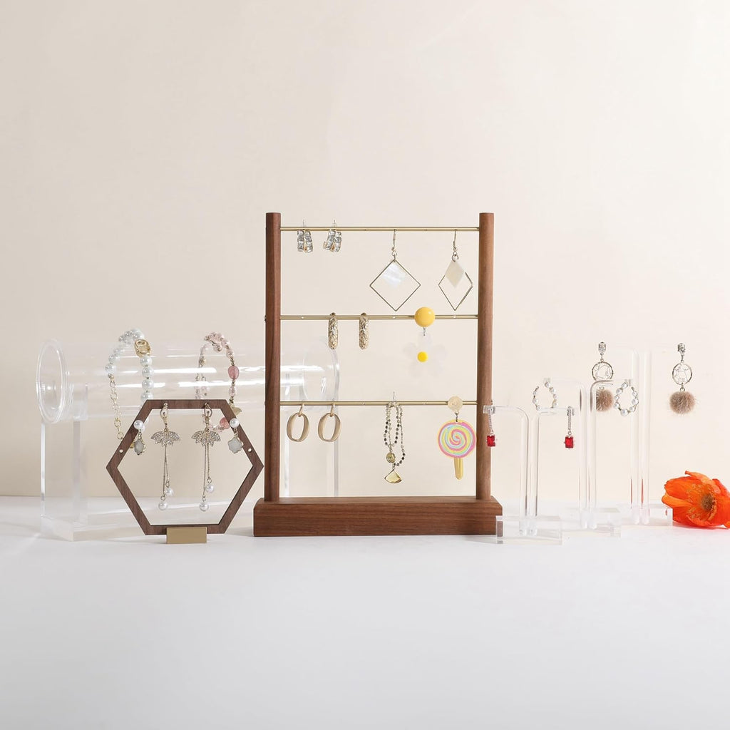 GemeShou Walnut earrings display stand for selling, wooden jewelry earring organizer shelf, wood earring storage organizer rack for boutique store【Earring shelf-Medium】