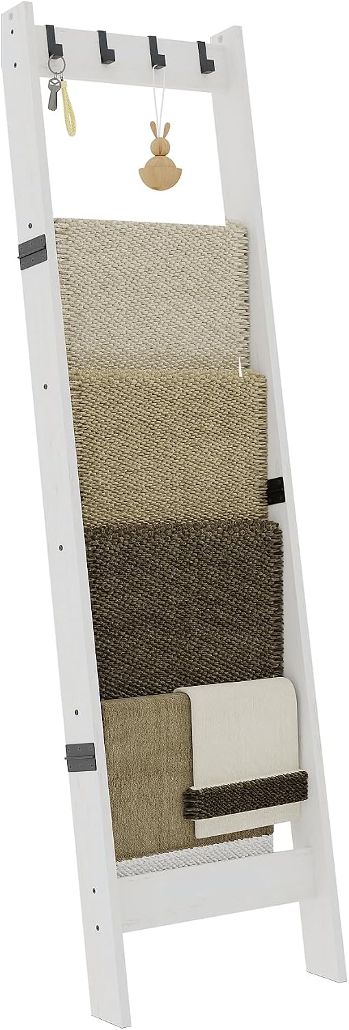 TRIFEBLE 6 Tier Blanket Ladder Shelf for Living Room and Bedroom, Ladder Holder with 4 Metal Hooks, 5.2ft Blanket Quilt Holder Rack, Farmhouse Ladder Rack for Storage and Home Decor, White