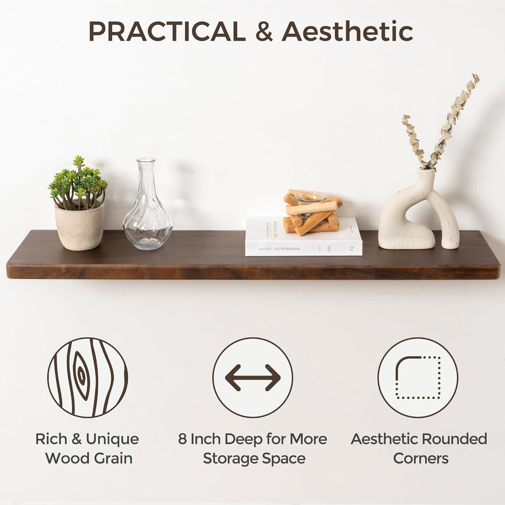 24" Rustic Walnut Wood Floating Shelves, 8 Inch Deep Wall Shelves for Home Decor, Wall Mounted Floating Shelf with Invisible Bracket, Heavy-Duty Storagefor Living Room, Bedroom, Kitchen, Set of 2