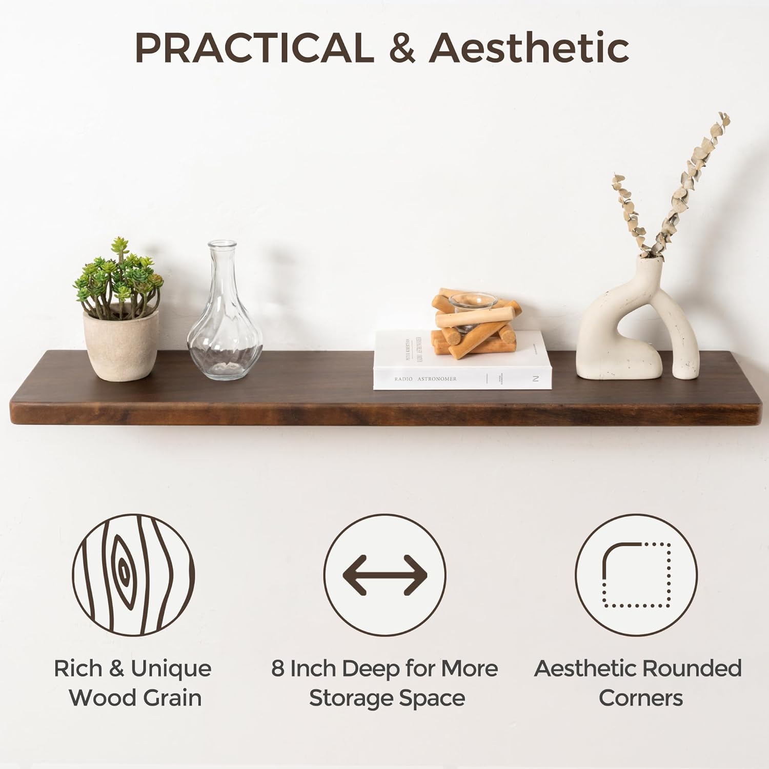 36" Rustic Walnut Wood Floating Shelves, 8 Inch Deep Wall Shelves for Home Decor, Wall Mounted Floating Shelf with Invisible Bracket, Heavy-Duty Storagefor Living Room, Bedroom, Kitchen, Set of 2