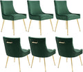 Velvet Dining Chairs Set of 6, Modern Upholstered Kitchen Chair with Pull Handle & Pleated Back, Mid Century Accent Chair with Gold Metal Legs for Vanity,Dining,Kitchen,Living Room, Green
