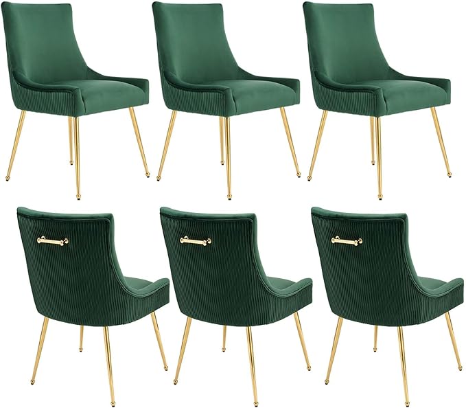 Velvet Dining Chairs Set of 6, Modern Upholstered Kitchen Chair with Pull Handle & Pleated Back, Mid Century Accent Chair with Gold Metal Legs for Vanity,Dining,Kitchen,Living Room, Green