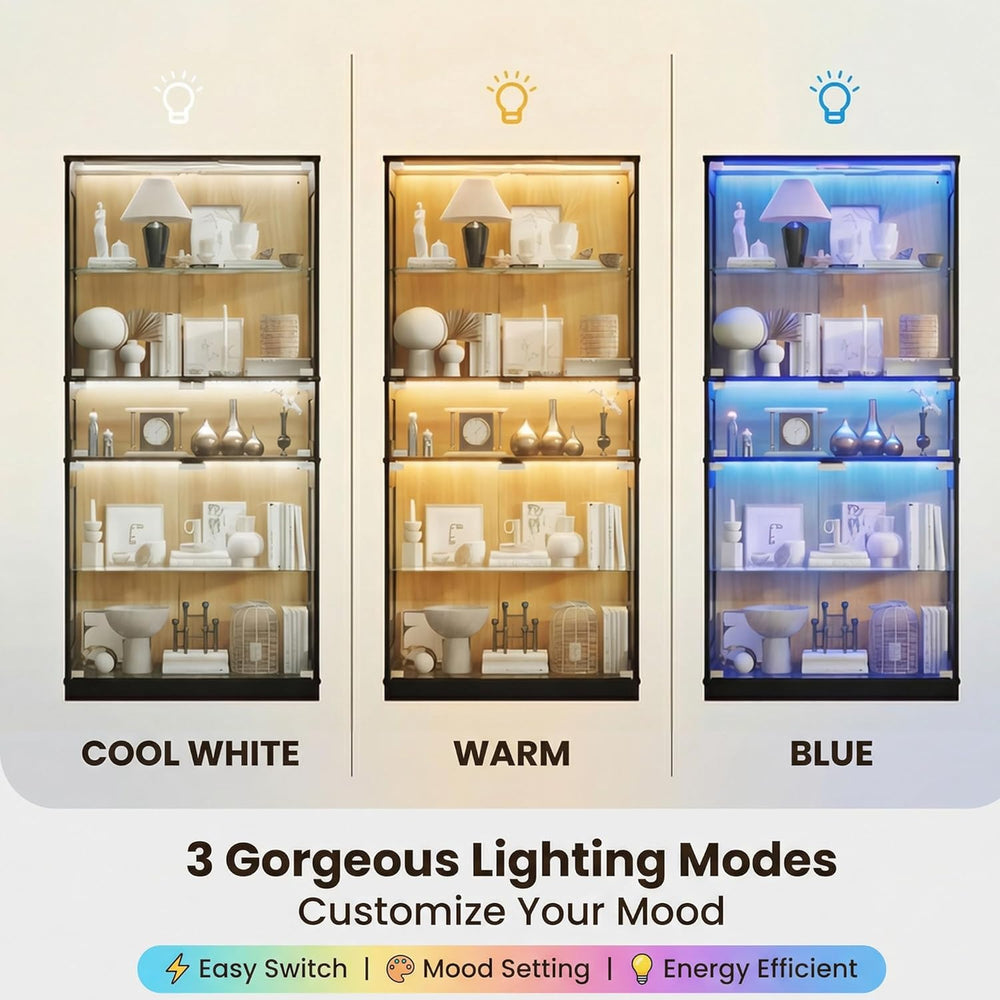 Display Cabinet with Glass Doors & LED Lights, 5 Tier Lighted Display Cas...