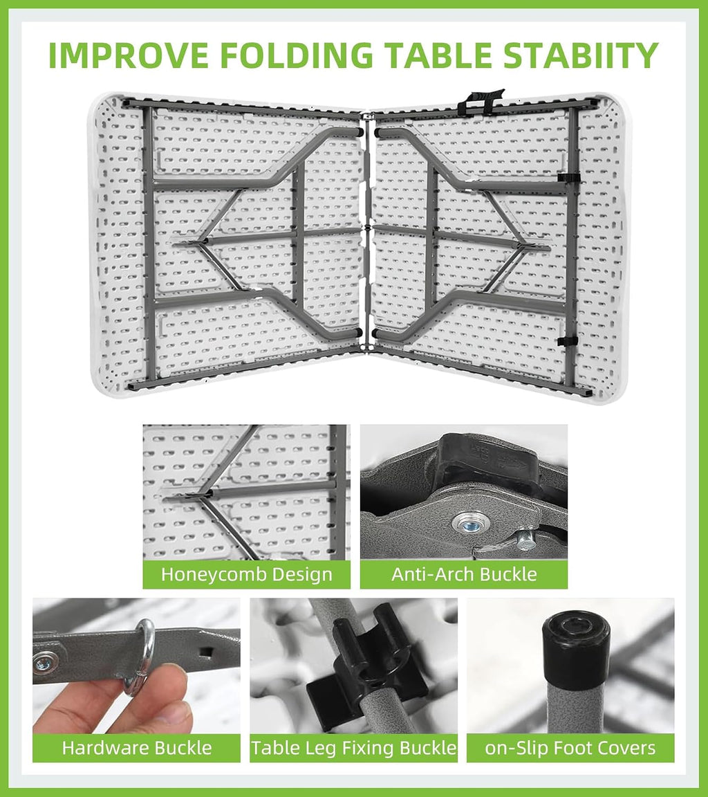 6ft Table Large Folding Table White Folding Table with Portable Carrying Handle 6ft Heavy Plastic Foldable Table for Party, Wedding, Events, Dining, Camping, Picnic Indoor, Outdoor, Utility