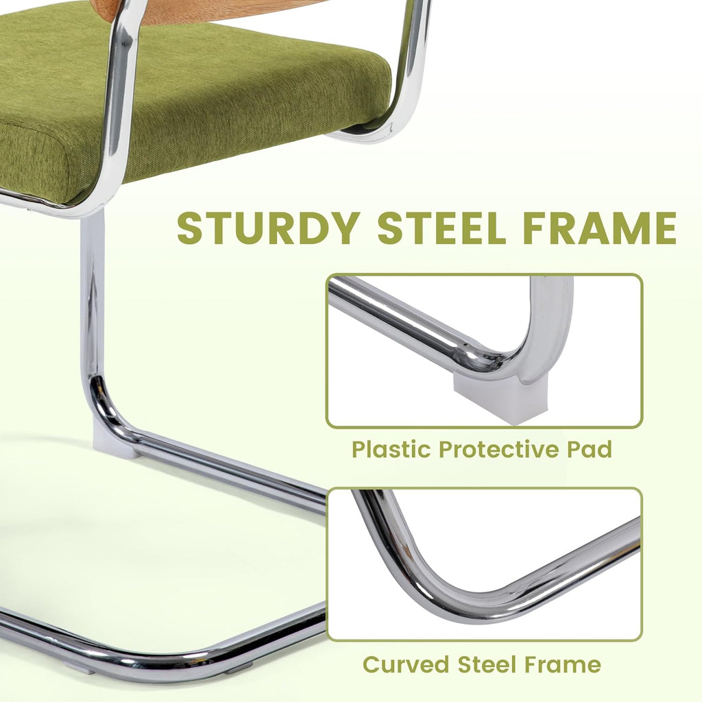 KROFEM Dining Chairs Set of 2, Modern Rattan Kitchen Chairs, Mid Century Modern Design, Polished Chrome Frame, Upholstered Seat, Green
