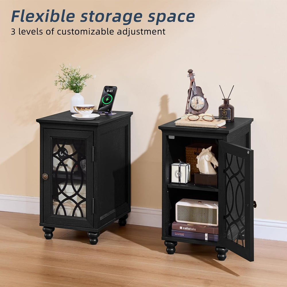 Joaxswe Narrow Side Table with Charging Station Set of 2, Night Stand with Gl...