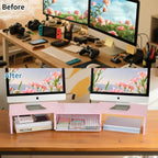 OPNICE Dual Monitor Stand Riser, Desk Organizer with Drawer, Office Desk Organizers and Accessories, Office Workspace Organization Computer Monitor Stand for Laptop, Printer, TV（Pink）