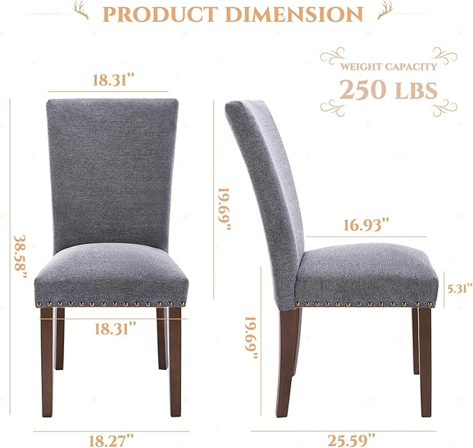 Parsons Dining Chairs Set of 2, Upholstered Nailhead Dining Room Kitchen Side...