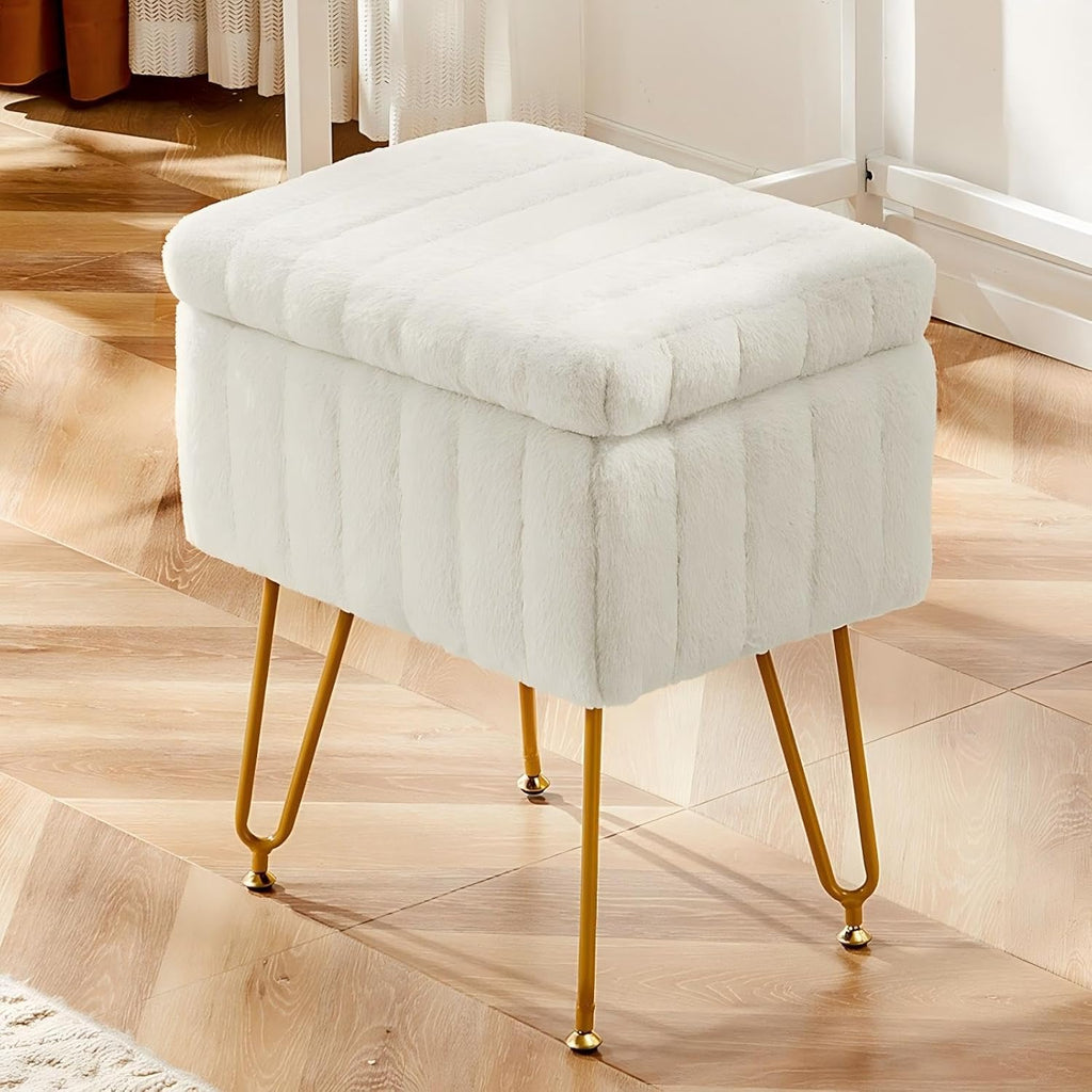 OLIXIS Vanity Stool Chair Faux Fur with Storage, Soft Ottoman 4 Metal Legs with Anti-Slip Feet, Makeup Cute Soft Small Footstool, Modern Style Faux Fur Seat for Makeup, Bedroom Dresser, Ivory