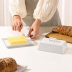 Kook Ceramic Extra Large Butter Dish with Lid, Holds 2 Sticks, Fits East Coast , West Coast, European style and Kerrygold butter, Kitchen Countertop Butter Keeper, Serving Tray with Cover, White