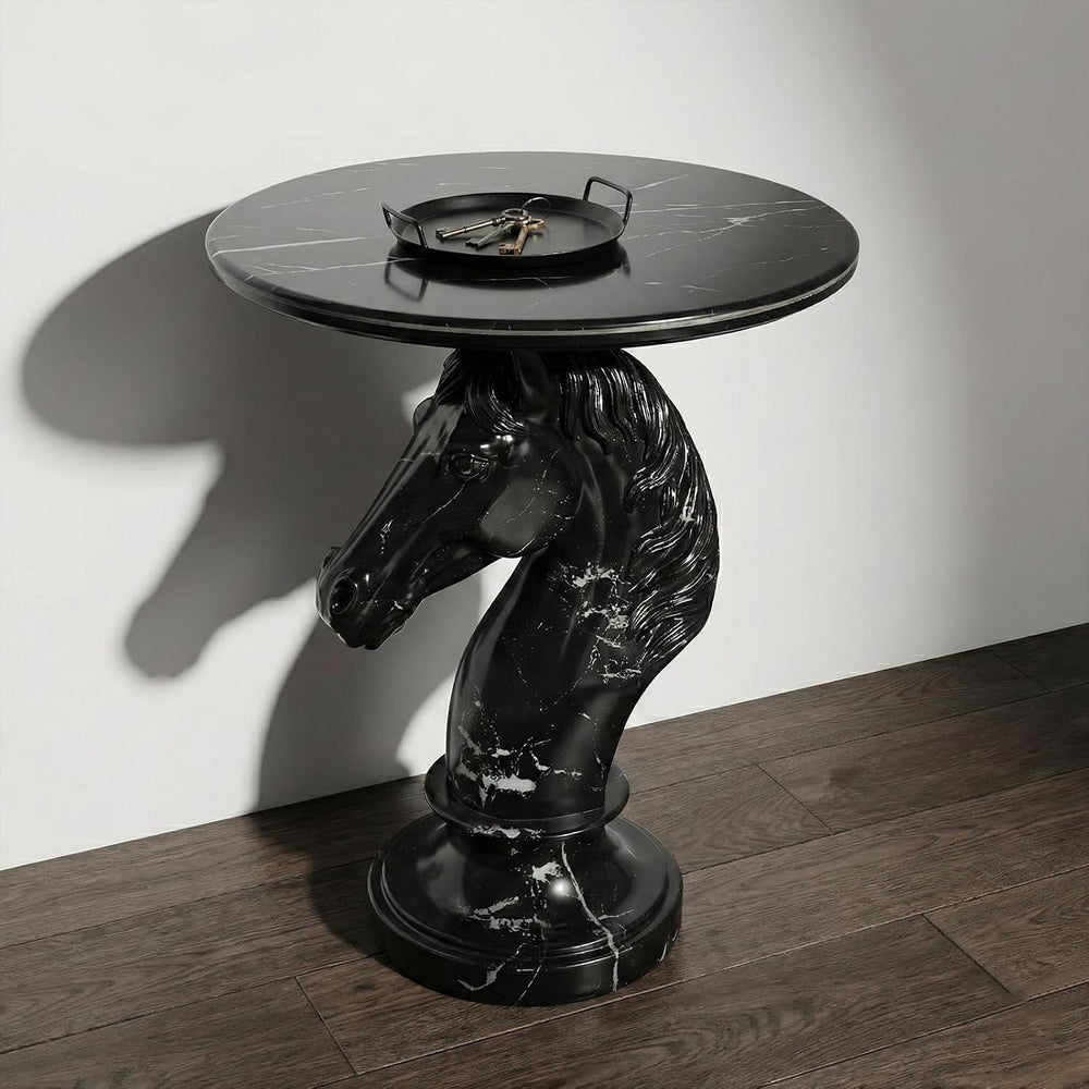 Horse Head Side Table, Faux Marble Round End Table with Resin Sculpture Pedes...