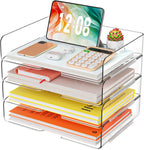 YKLSLH 4 Trays Paper Organizer Letter Tray - Acrylic Desk File Organizer, Stackable Clear Paper Holder Sorter Office Organizer for Letter/A4, Office File Ipad Books Notes Etc