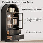 71" Tall Arched Kitchen Pantry Cabinet with 2 Large Drawers and Adjustable Shelves, Modern Farmhouse Storage Cabinet with Glass Doors, Wood Versatile Cupboard for Kitchen (Black)