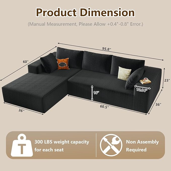 96" Modular Sectional Couch, Boneless L Shaped Cloud Sofa with Chaise Lounge, Corduroy Upholstered Couches Memory Foam Deep Seat, No Assembly Required, Ideal for Living Room(Black, Left Facing)