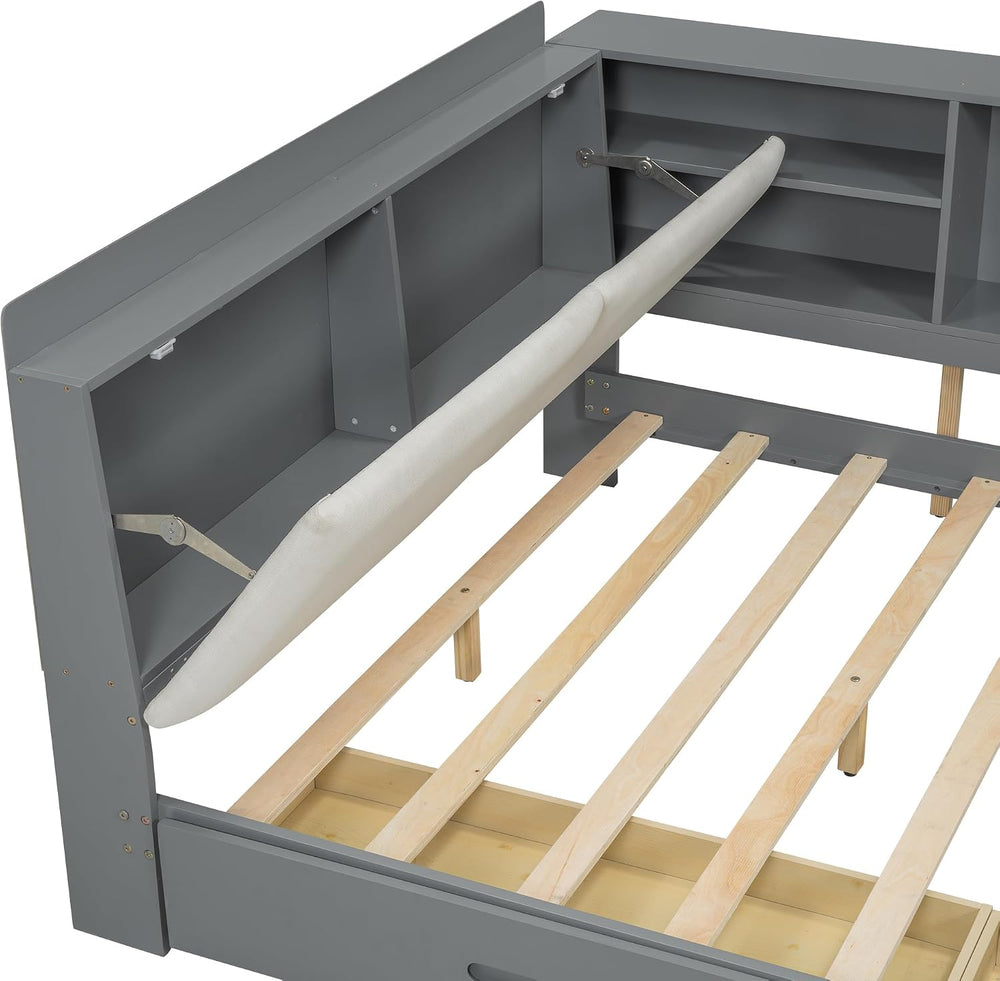 Peanu Full Bed Frame, Storage Headboard, Gray Upholstered Wood