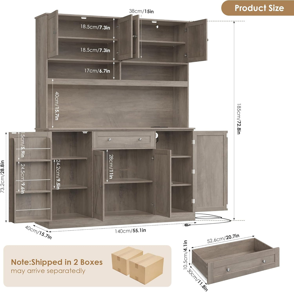 HIFIT 72.8” Tall Kitchen Pantry Cabinet with LED & Charging Station, 55” ...