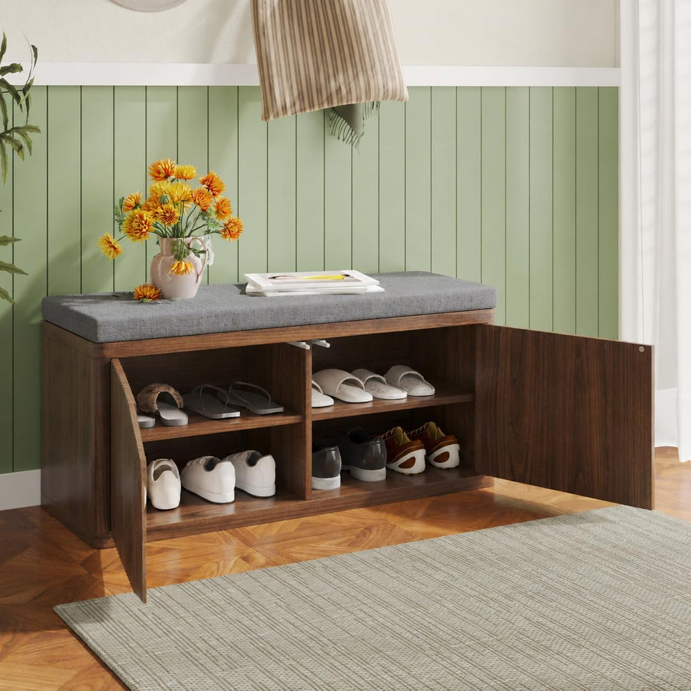 Shoe Cabinet Bench with Cushion,Double Layered Wooden Shoe Bench with Soft Cu...