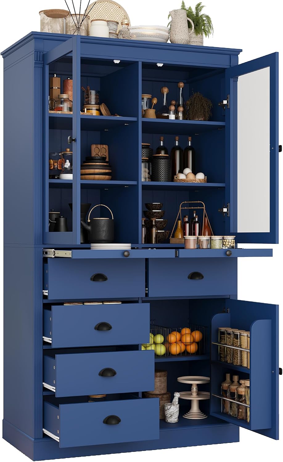 Tall Kitchen Pantry Cabinet with Glass Doors, Display Cabinet Coffee Bar Cabi...