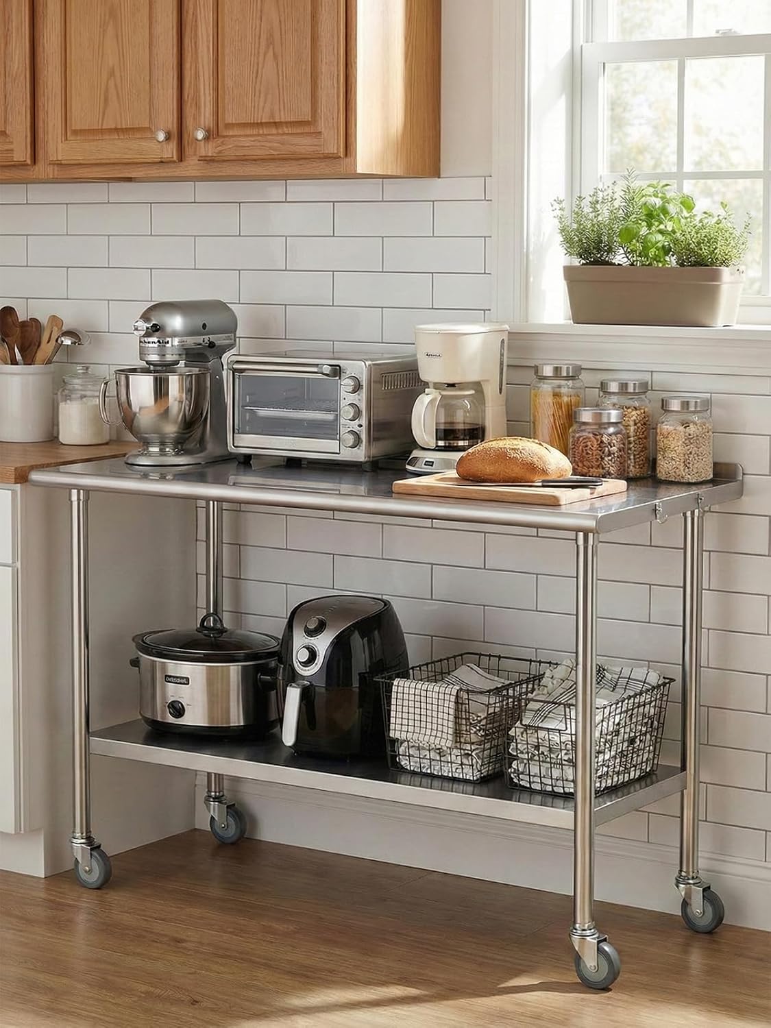 Atelicf NSF Stainless Steel Prep Table 30X48 inch, Backsplash & Casters | Mobile commercial-grade table for restaurants, kitchens, food trucks, breweries, bars, garages, and BBQ