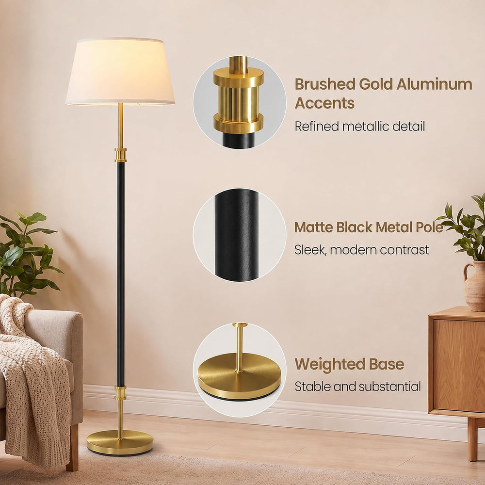 Modern Mid Century Floor Lamp with Soft Linen Shade, 63” Tall Black & Bra...