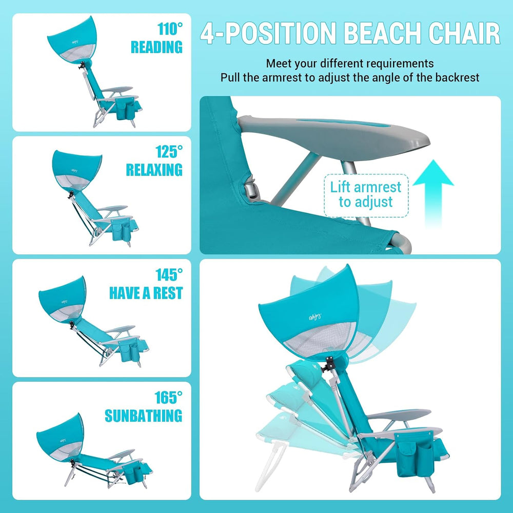 #WEJOY Beach Chair with Canopy Shade, Reclining Adjustable 4 Position, Lay Fl...