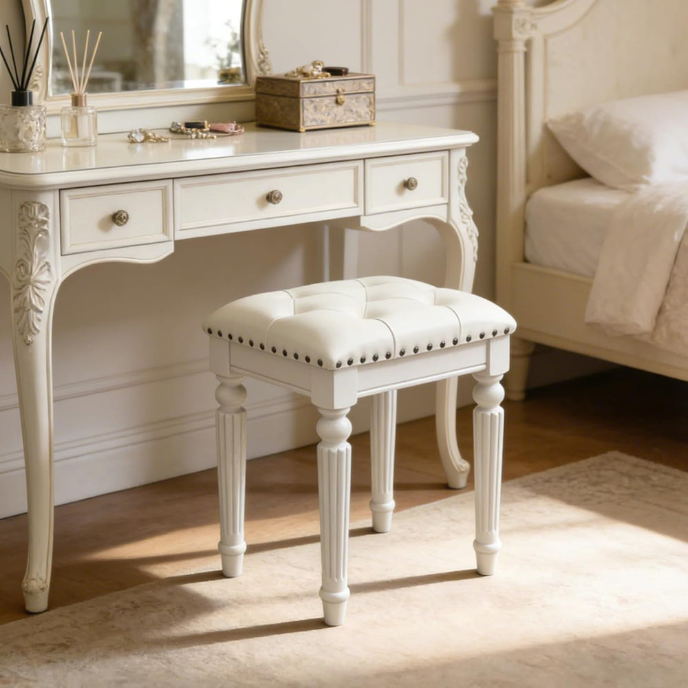 Vanity Bench Seating, Victorian Backless Vanity Stool, White Faux Leather | B...