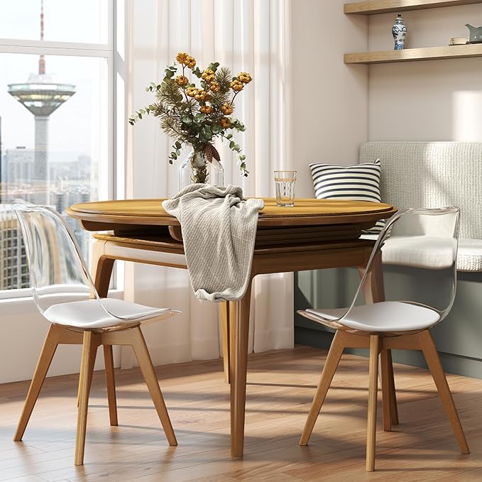 Clear Dining Chairs Set of 2, Modern Acrylic Dining Chair Transparent Chairs with PU Leather Cushions Seat & Wood Legs, Side Chairs for Dining Room Kitchen Restaurant Balcony (White)