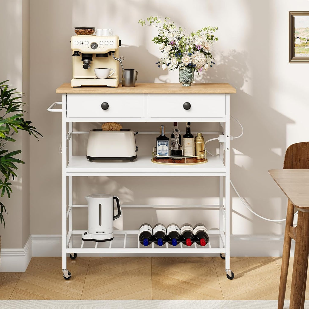 HOOBRO Kitchen Island with Storage, Rolling Island Cart for Kitchen with 2 Drawers & Outlet, 3 Tier Coffee Station and Microwave Stand, Kitchen Island Table for Home, Natural and White WN08UZD01