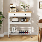 HOOBRO Kitchen Island with Storage, Rolling Island Cart for Kitchen with 2 Drawers & Outlet, 3 Tier Coffee Station and Microwave Stand, Kitchen Island Table for Home, Natural and White WN08UZD01