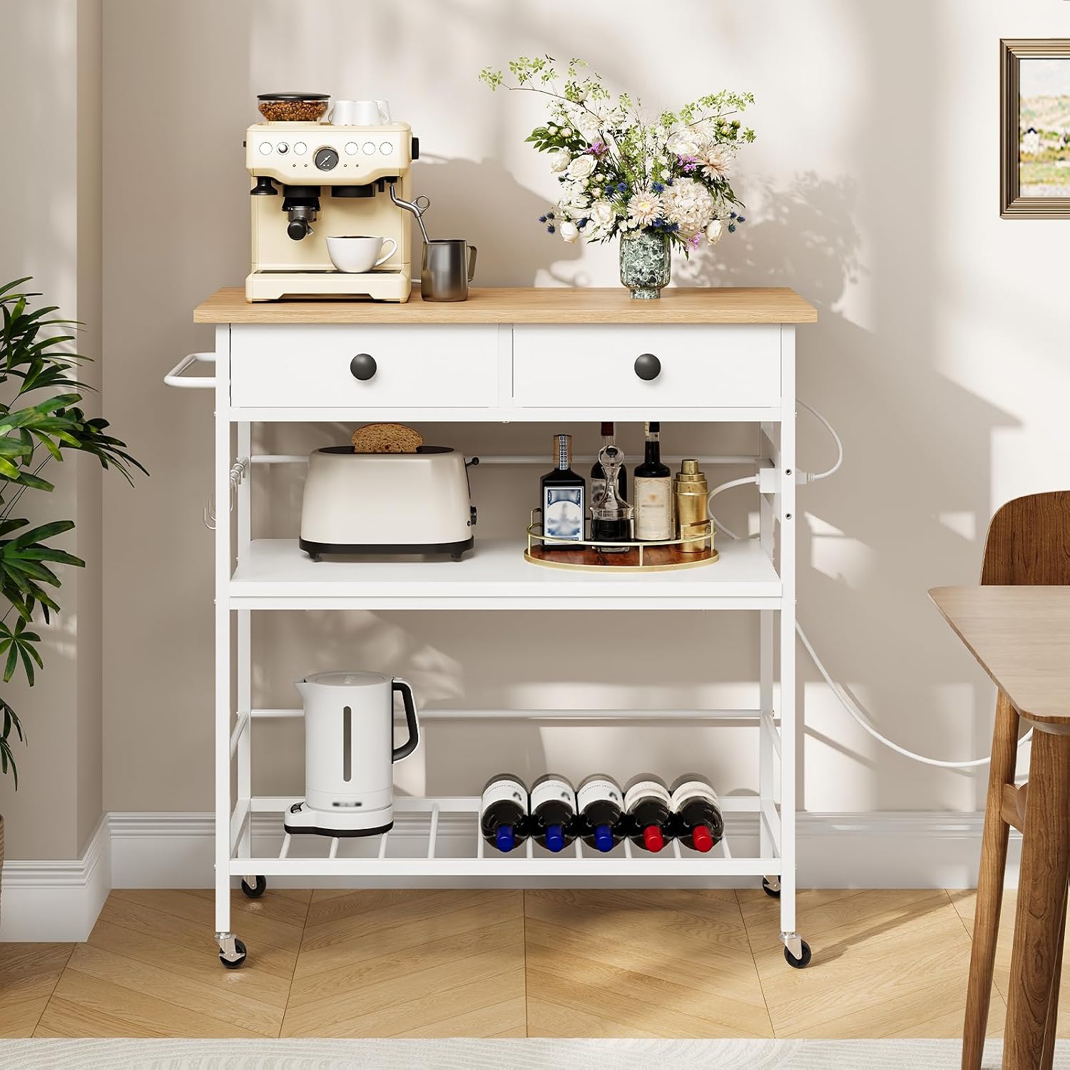 HOOBRO Kitchen Island with Storage, Rolling Island Cart for Kitchen with 2 Drawers & Outlet, 3 Tier Coffee Station and Microwave Stand, Kitchen Island Table for Home, Natural and White WN08UZD01