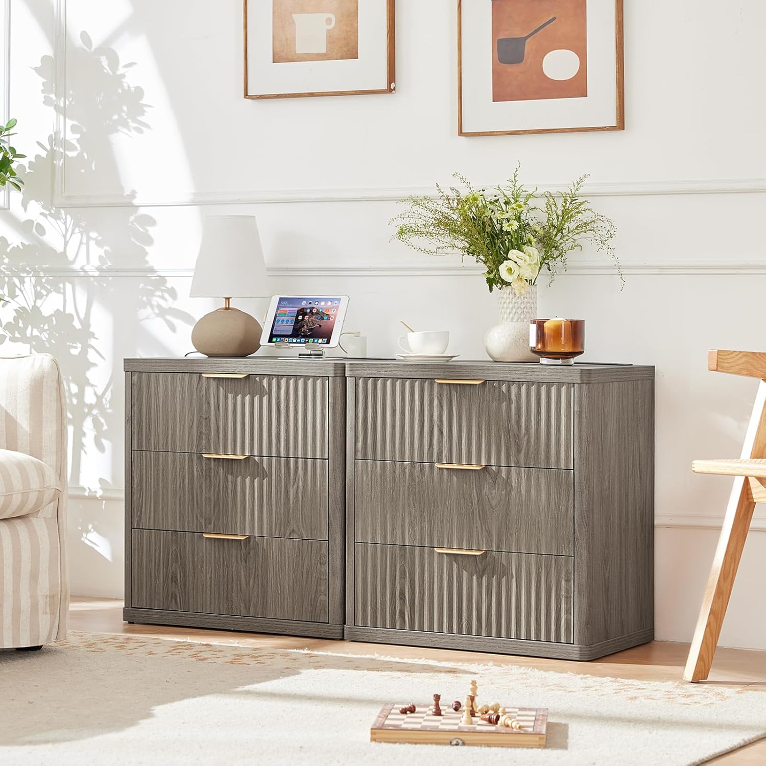 LEYAOYAO 23" Wide Fluted Night Stand with Charging Station,3 Drawers Large End Table with Storage,Grey Nightstand Wood Bedside Tables, Farmhouse Cabinet Dresser for Bedroom,Closet