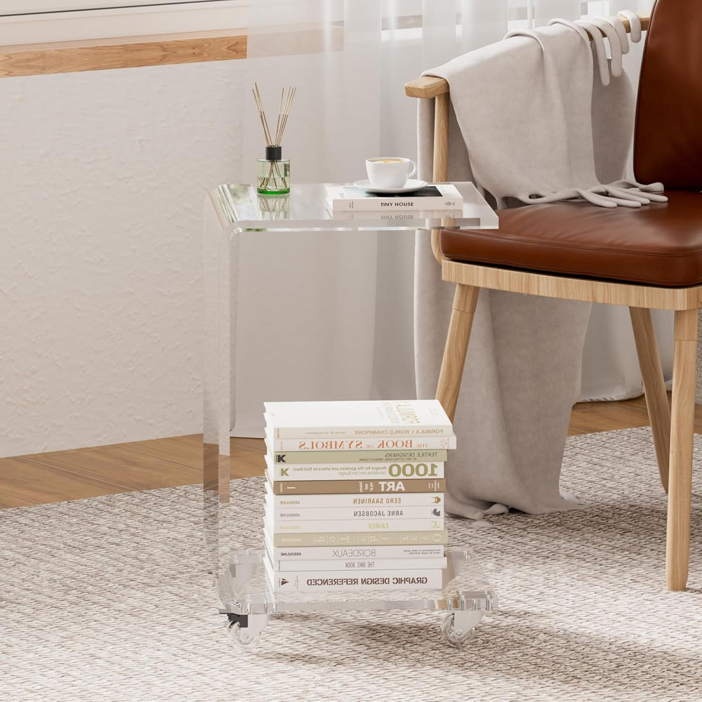 Acrylic Side Table with Wheels, Movable C Shaped Sofa Table with Storage, Rol...