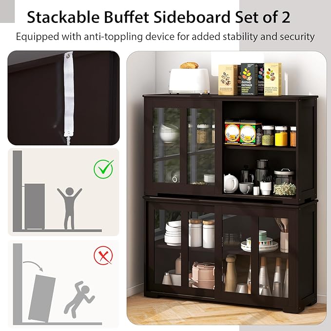 Costzon 2-Pack Wooden Kitchen Storage Cabinet with Adjustable Shelf, Sliding ...