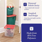 HOMZ 4-Pack Holiday Tote, Plastic Storage Organizer Bins with Lids, 31 Quart, Clear/Red - Stackable Organizing Containers for Home, Garage, and Office