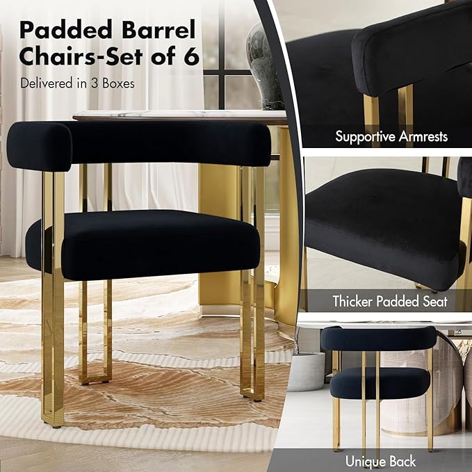 Set of 6 Black and Gold Modern Dining Chairs, Velvet Upholstered Barrel Armchairs with Metal Legs for Kitchen Island, Mid Century Accent Chairs for Dining Room Living Room, Open-Back