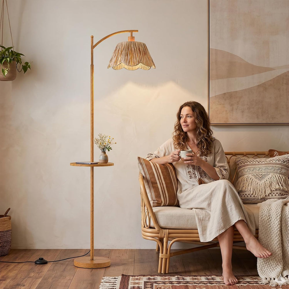 Oneach 63.5" Floor Lamp with Table for Living Room, Boho Rattan Standing...