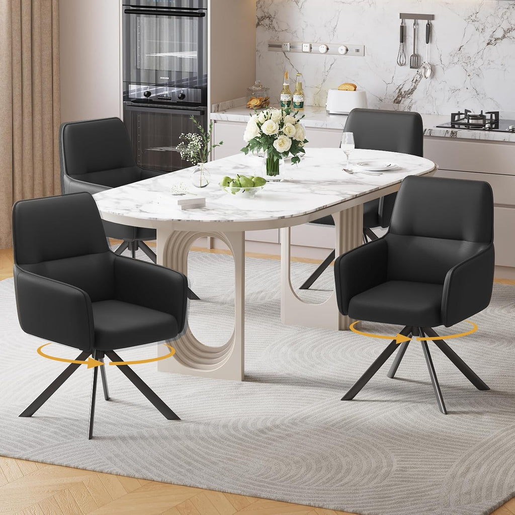 Furniliving Modern Swivel Dining Chairs Set of 2, Upholstered Dining Room Chairs with Thicken Cushion, 360°Swivel Dining Chairs with Metal Legs for Dining Room, Kitchen, Bedroom, PU, Black