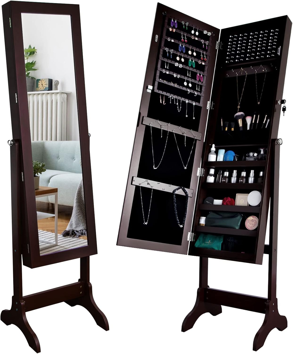 Uten Jewelry Armoire with Mirror, Lockable Large Jewelry Cabinet with Standing Mirror Jewelry Holder Organizer Storage, 4 Angle Adjustable, Perfect Christmas Gift (Brown)