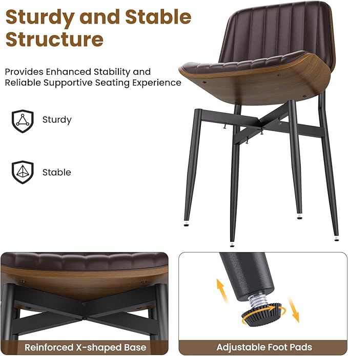 Dining Chairs Set of 6, Mid Century Modern Dining Room Kitchen Chairs, Upholstered PU Leather Vertical Stripe Chairs for Vanity with Walnut Bentwood and Metal Legs, Brown