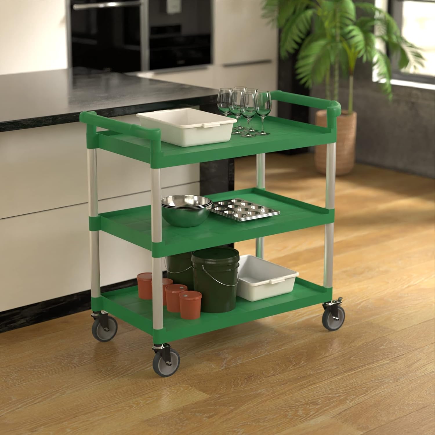 Green Utility/Bussing Cart with Three Shelves - 42" x 20"
