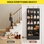 Mefirt Over the Door Shoe Rack for Closet Fit 18+ Pairs, Door Shoe Organizer with Large Breathable Pockets, Hanging Shoes Rack Fit Boots, Behind the Door Shoe Holder for Categorized Storage, Black