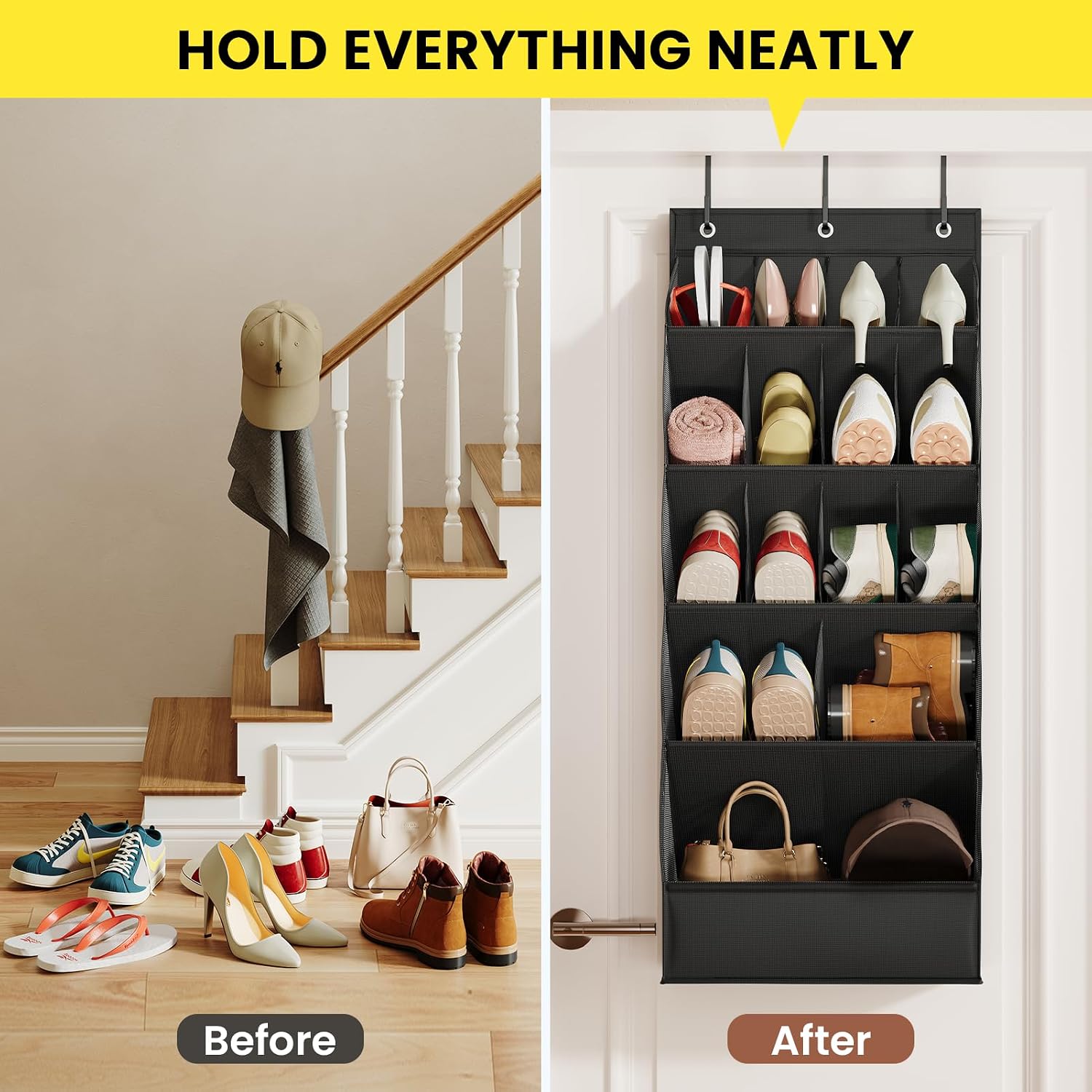 Mefirt Over the Door Shoe Rack for Closet Fit 18+ Pairs, Door Shoe Organizer with Large Breathable Pockets, Hanging Shoes Rack Fit Boots, Behind the Door Shoe Holder for Categorized Storage, Black