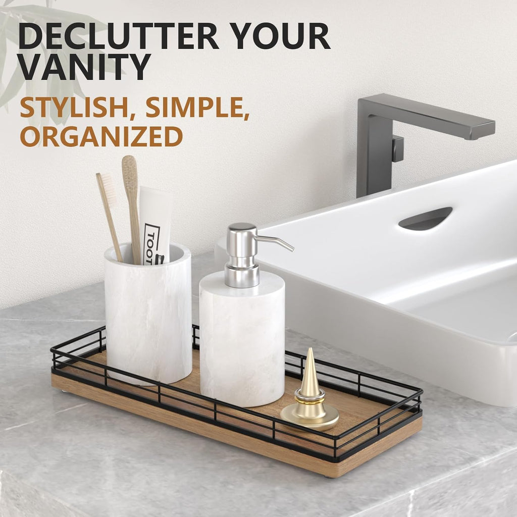 Bathroom Tray for Counter Top Organizer – Acacia Wood Vanity Tray with Metal Frame for Dresser, Kitchen, Nightstand – Black & Acacia Decorative Storage
