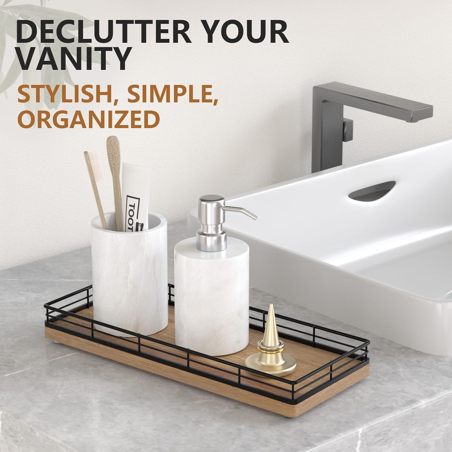 Bathroom Tray for Counter Top Organizer – Acacia Wood Vanity Tray with Metal Frame for Dresser, Kitchen, Nightstand – Black & Acacia Decorative Storage