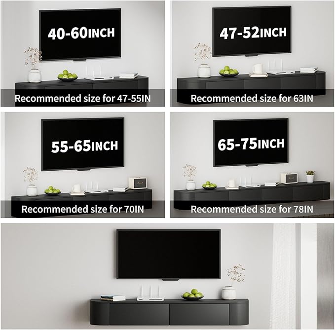 SHGJ&SOFT Floating TV Stand Wall Mounted Media Console with Door Entertainment Centerwith Storage Cabinets, Wall Mounted TV Shelf for Bedroom,Living Room (Black, 47.2IN)