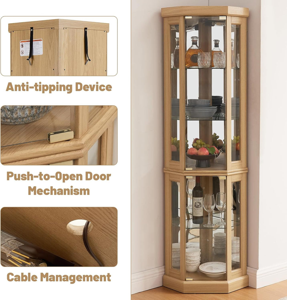 Tall Corner Cabinet with Glass Doors, Lighted Glass Display Curio Cabinet wit...