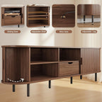 69" TV Stand with Power Outlet for TVs up to 75 Inch, Fluted Media Console | Mid-Century Modern Walnut Entertainment Center with Storage Drawer, Sliding Door and Adjustable Shelves for Living Room