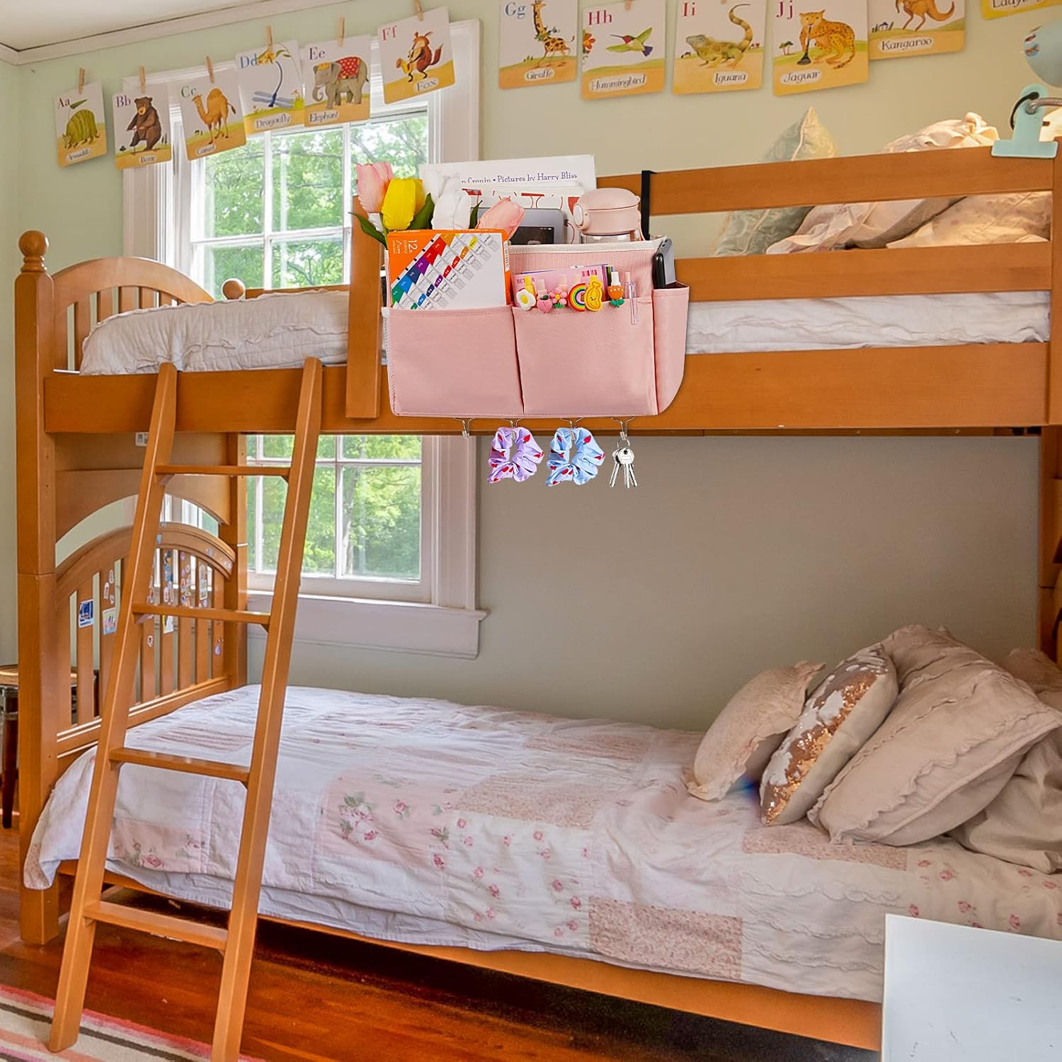 Bedside Storage Organizer 5 Pockets with 4 Hooks Hanging Storage Bag for Headboards/Bunk Bed (Pink)