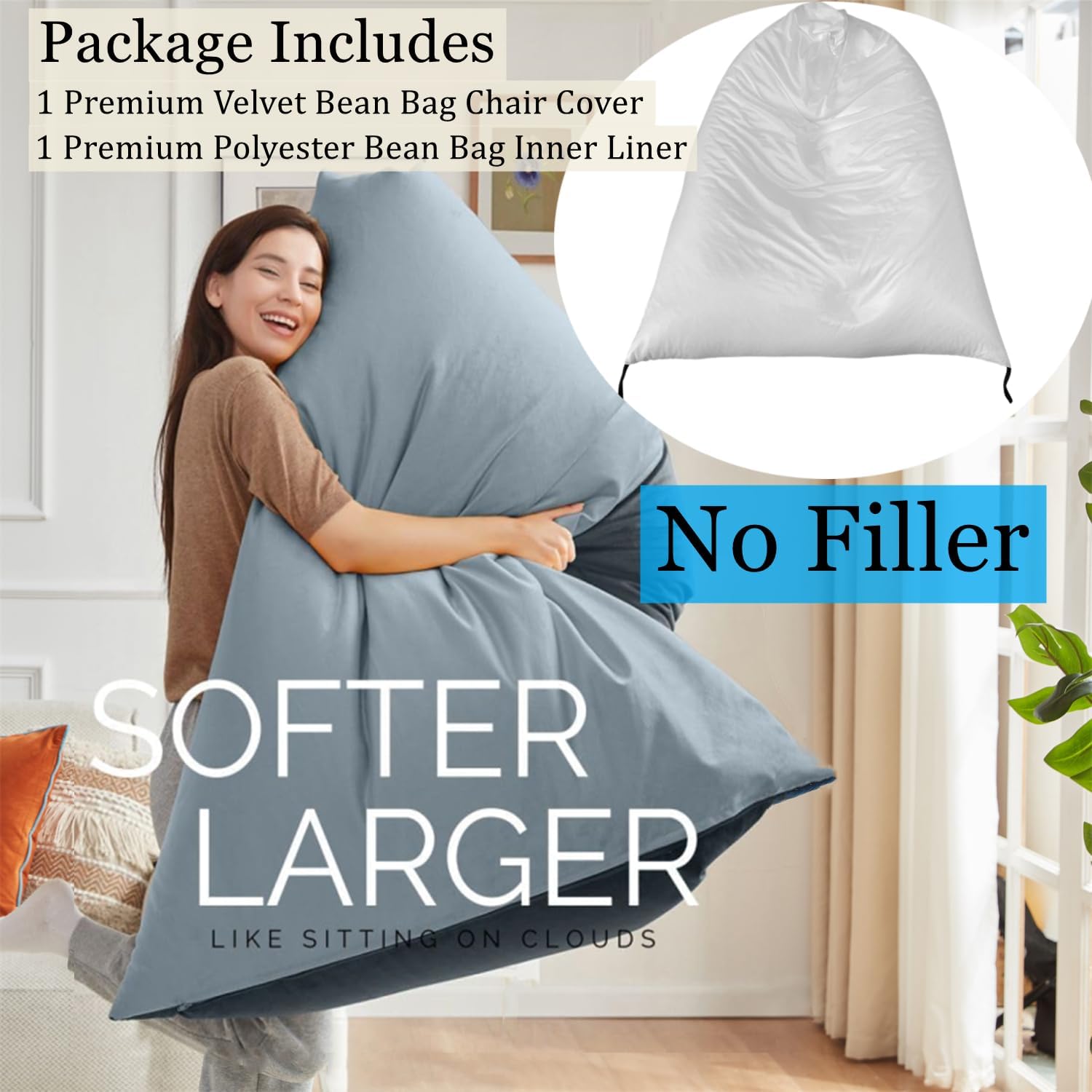 4ft Bean Bag Chair Cover with Bean Bag Inner Liner Cover (No Filler), 400L Extra Large Triangular Removable and Clean Beanbag Chair Cover Ultra Soft Lazy Sofa Premium Velvet Cover (Grey)